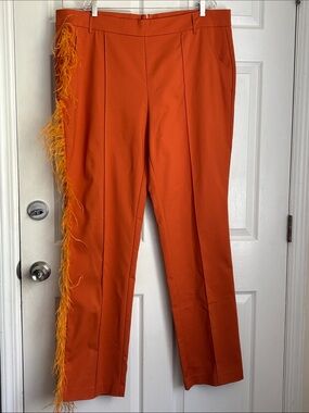 Hanifa Ava Pants Orange Straight-Leg Feather Side Trim Size 3X Made USA Stretch